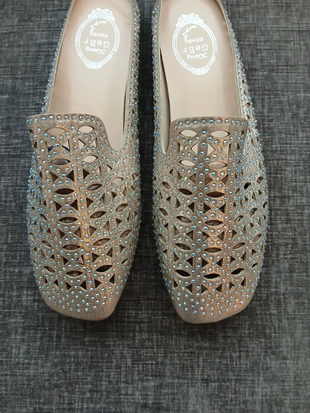 Laser-Cut Embellished Slip-On Flats in Champagne